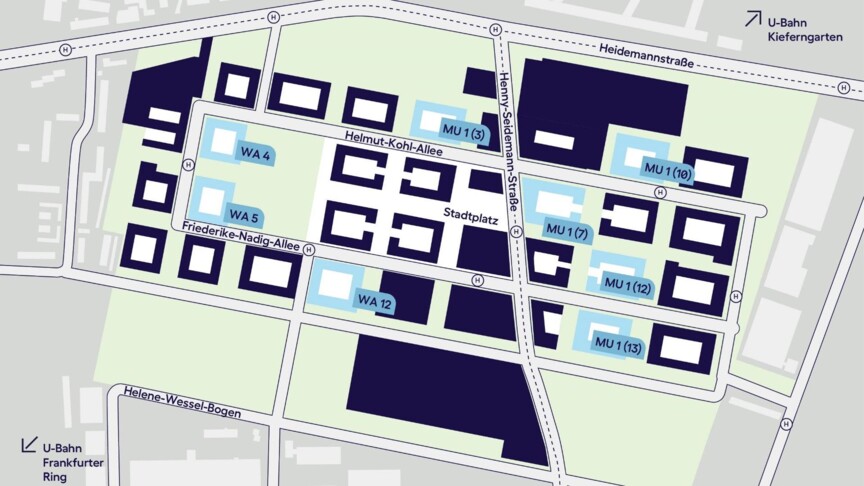 Die Karte zeigt die einzelnen Baufelder in Neufreimann. Die Baufelder, die von der Münchner Wohnen bebaut werden sind hellblau eingezeichnet. In der Mitte von Neufreimann ist ein Stadtplatz um den herum sich die einzelnen Baufelder gruppieren. Insgesamt bebaut die Münchner Wohnen acht Baufelder.