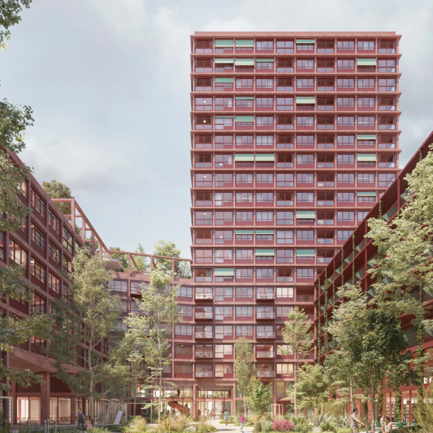 Die Visualisierung zeigt den Innenhof des zukünftigen Blocks mit Blick auf das Wohnhochhaus am Stadtplatz.