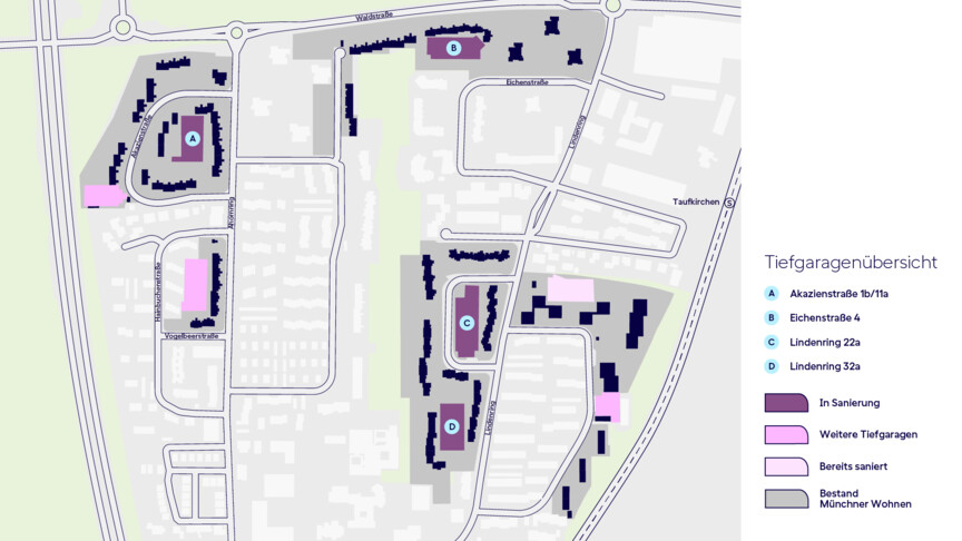 Die Karte zeigt die Tiefgaragenübersicht der betroffenen Tiefgaragen im Wohngebiet. Die Tiefgaregen sind unterschiedlich farblich markiert, je nachdem ob sie "in Sanierung" oder "bereits saniert" sind und ob sie zum Bestand der Münchner Wohnen oder zu anderen Bestandshaltern gehören.