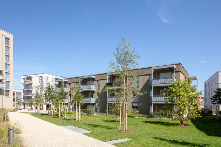 Blick auf eine Wohnanlage der Münchner Wohnen in Freiham. Im Vordergrund ist die großzügige Grünanlage mit Rasen und bäumen zu sehen. Dahinter sieht man das dreistöckige Wohngebäude mit Balkonen.